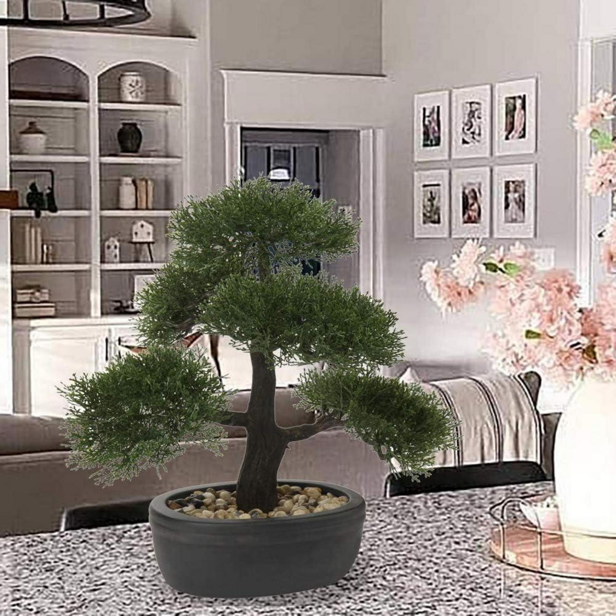 KUNSTBONSAI Zeder mit Keramik-Übertopf Schwarz 36 cm - Grün, Kunststoff (36cm)