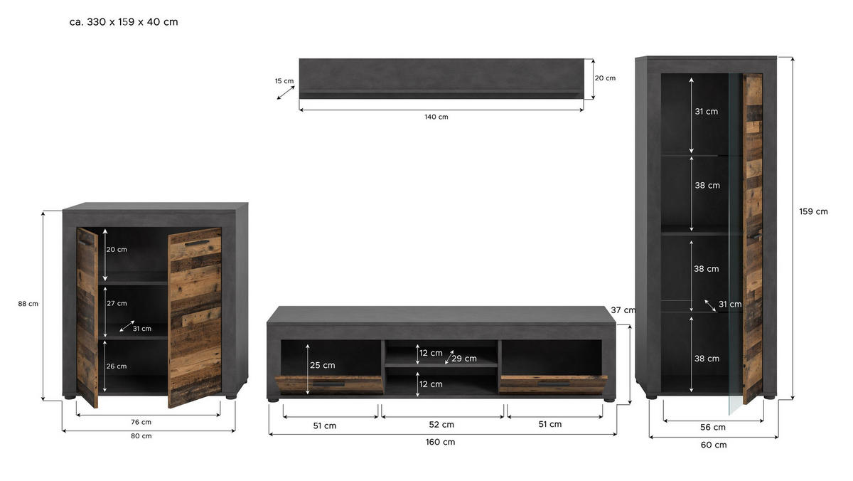 WOHNWAND Milo 4 tlg. (B/H/T: ca. 330/159/40 cm) in Matera/Old Wood - Naturfarben, Holzwerkstoff (330/159/40cm)
