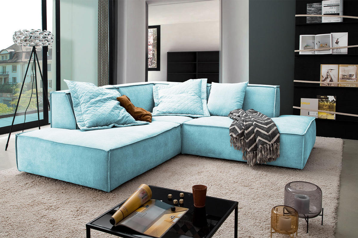ECKSOFA SAMU Hellblau Webstoff - Schwarz/Hellblau, Textil (226/224cm) - KAWOLA