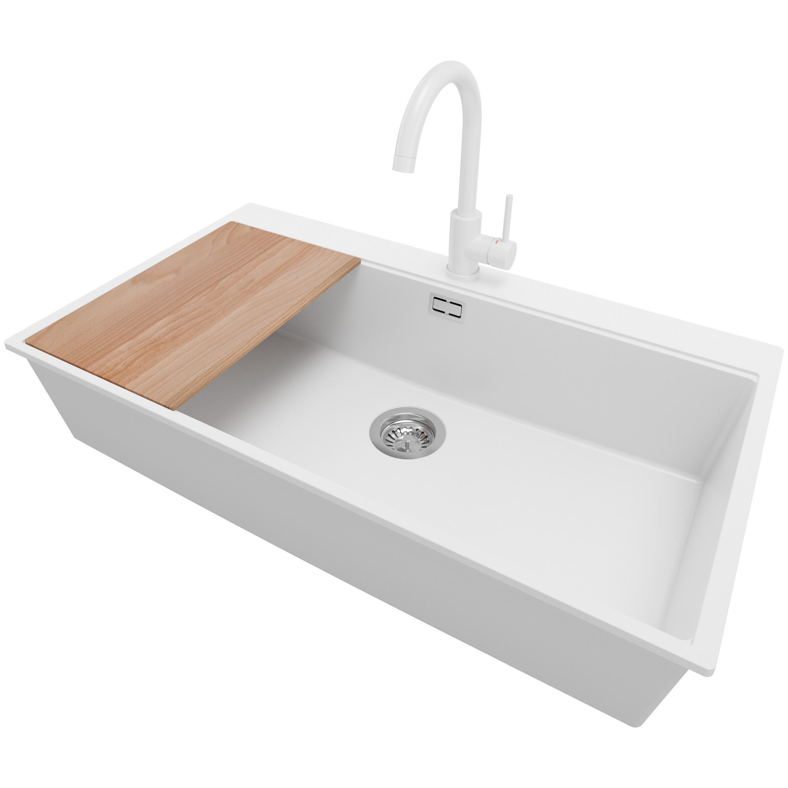 GRANITSPÜLE Oslo, 2-er set Weiß 88/50 cm 1 Becken + Küchenarmatur 32/20 cm + Ablauf-Set + Schneidebrett ab 90er Unterschrank - Chromfarben/Beige, Kunststoff (88/20/50cm) - Primagran