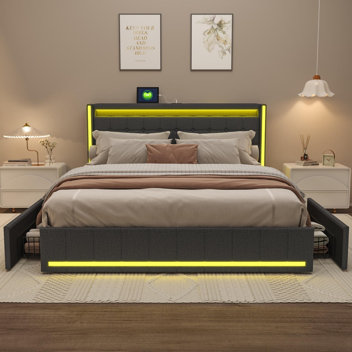 POLSTERBETT 180x200 cm Lumina Smart mit 3-Zonen RGB-LED, USB & USB-C, 4 Schubladen, Leinen-Optik, Dunkelgrau - Grau, Textil (180/200cm) - DELFA