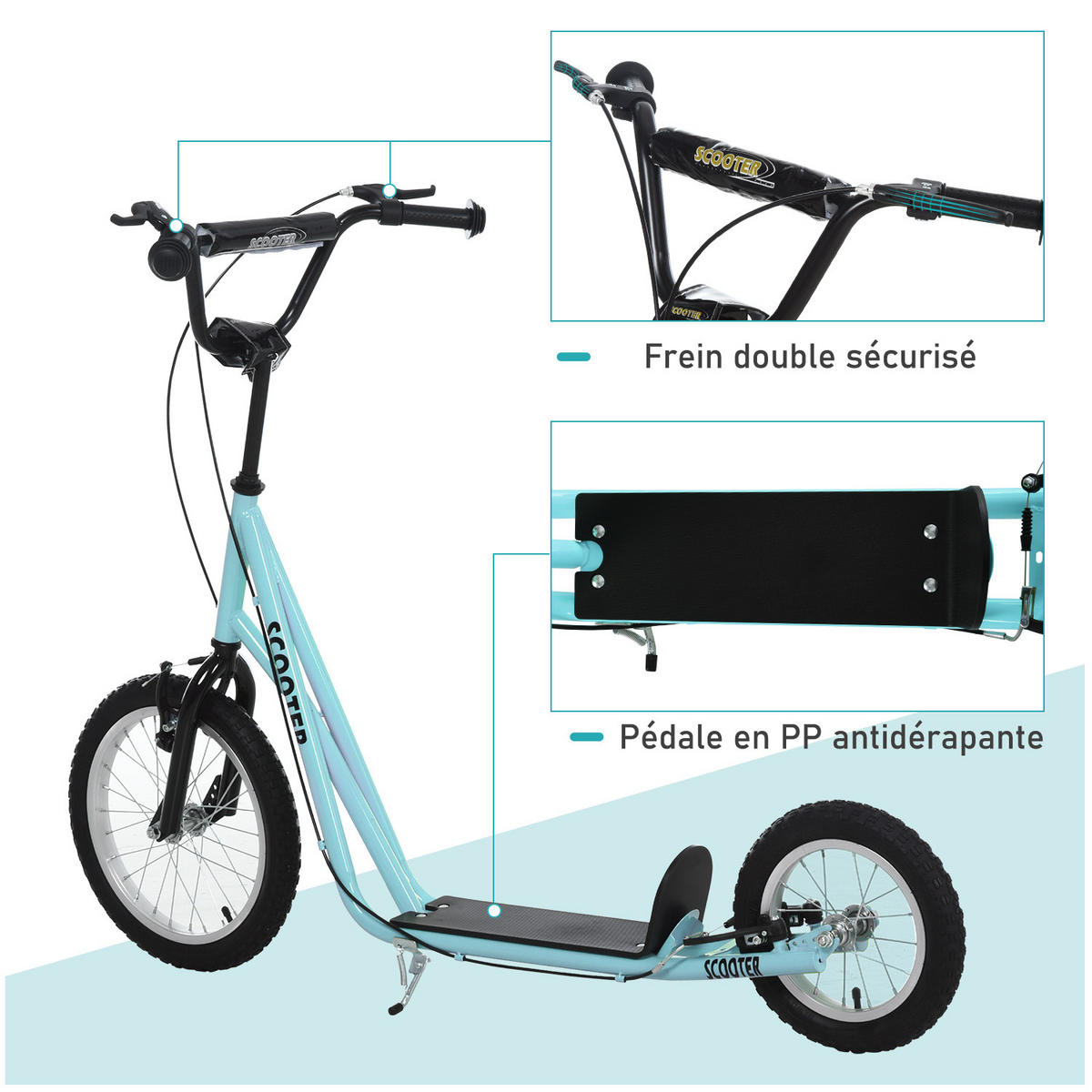 KINDERSCOOTER DE-16920 Große Luftreifen 40/30 cm Himmelblau/Schwarz - Blau, Metall (135/58/94cm) - ComfortXL