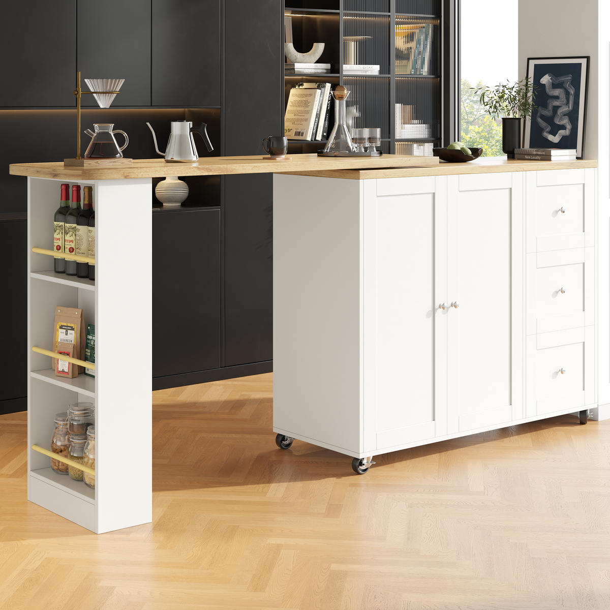 BARTISCH klappbar 135/39/106 cm in Weiß mit Rollen und Stauraum - Weiß, Holzwerkstoff (135/39/106cm) - BEAOK