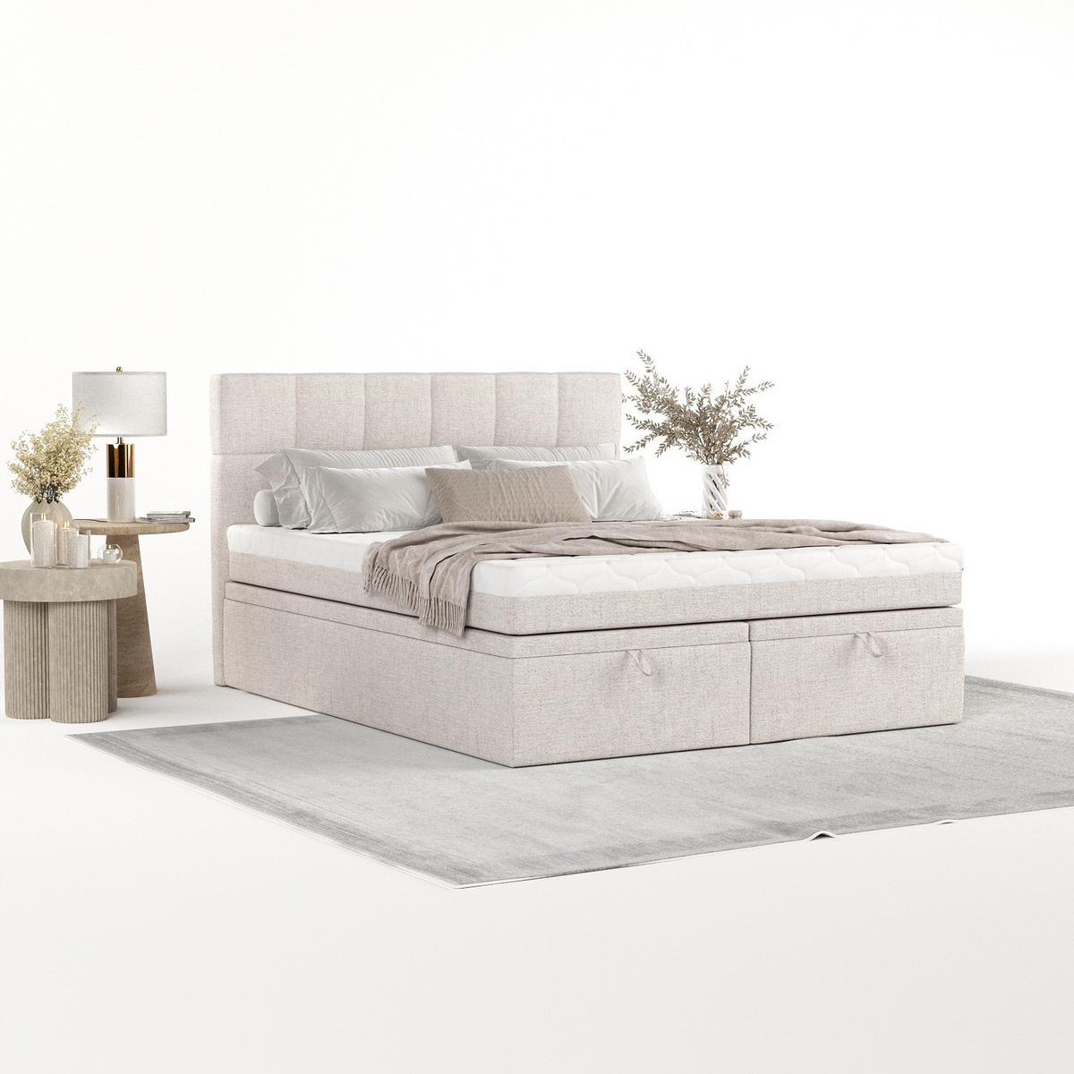 BOXBETT Elano 140/200 cm Hellbeige im Neve Stoff - Sandfarben/Schwarz, Holz/Holzwerkstoff (140/200cm) - AltaBeds