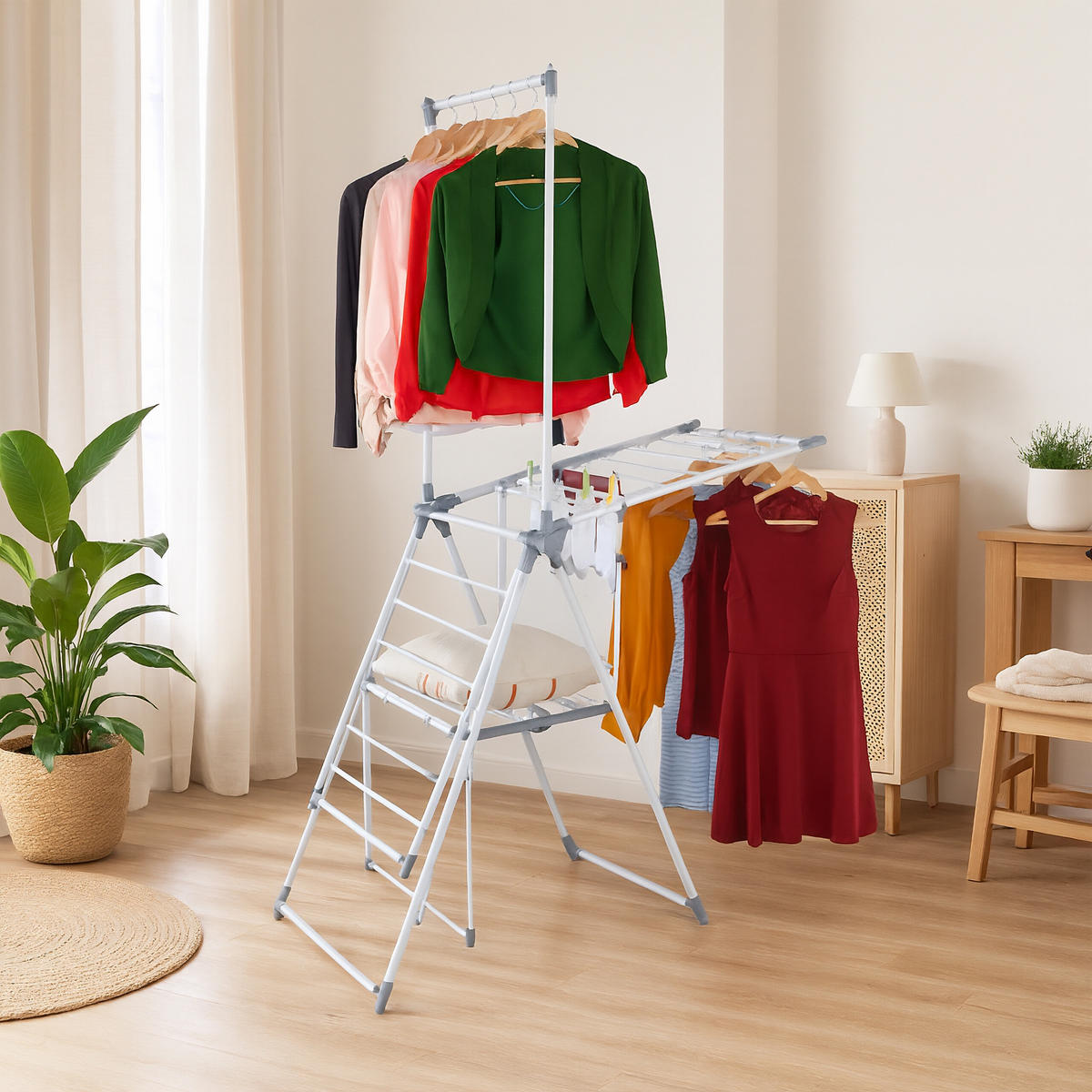 STOJAN na bielizeň s krídlami - biela, kov/plast (155/199/69cm) - Relaxdays