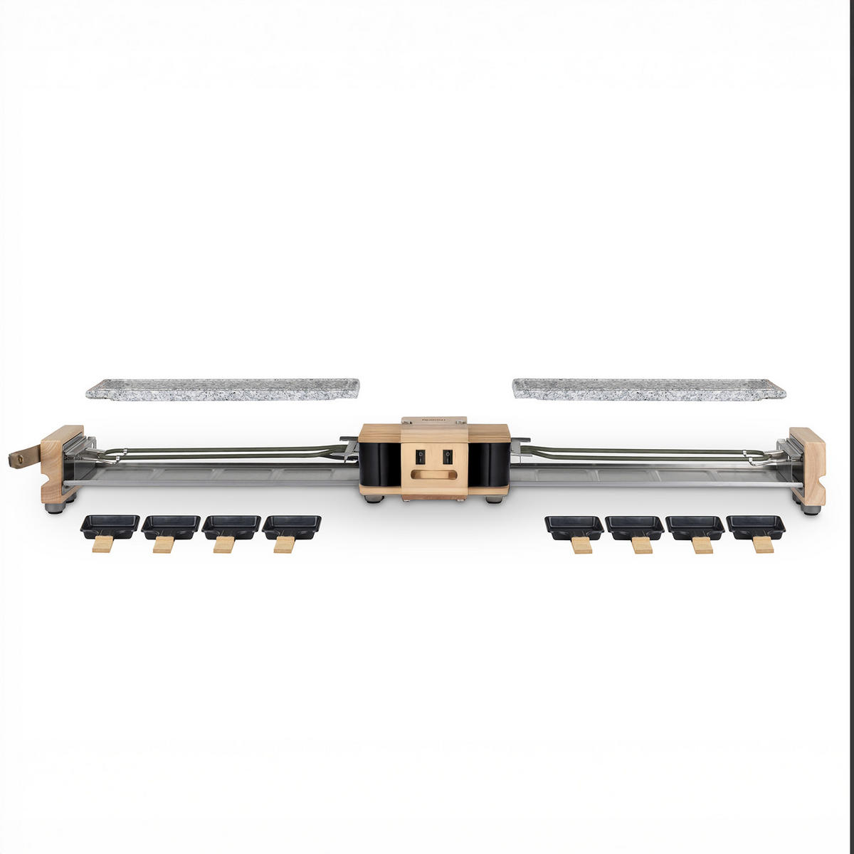 RACLETTE-GERÄT WOD362, Grau, Holzausführung, Doppelsteinpalette, 8 Pfannen und 8 Pfannenwender aus Holz - Zirbelkieferfarben, Holz (22/13/54.8cm) - HKoenig