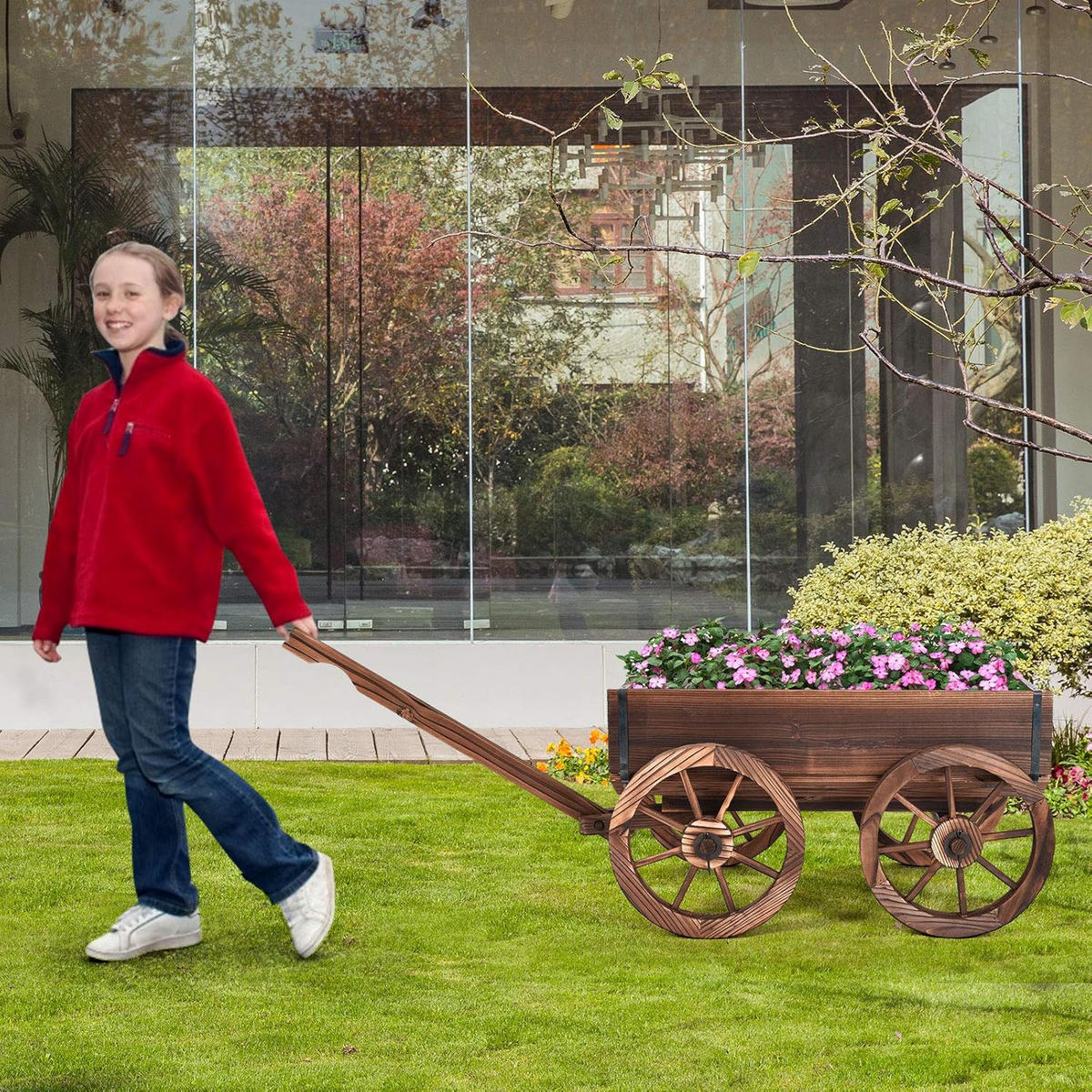 BLUMENWAGEN Holz, Pflanzwagen 4 Rädern Braun - Braun, Holz (43/54/120cm) - COSTWAY