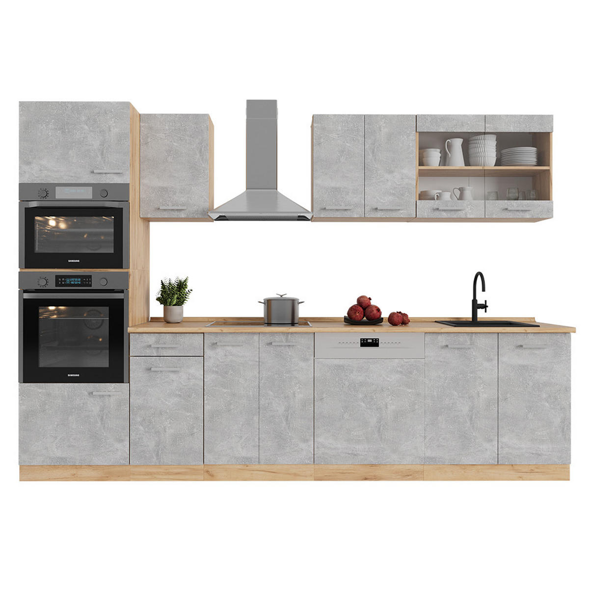 KÜCHENZEILE R-Line Beton/Goldkraft Eiche 300 cm mit Hochschrank, ohne Arbeitsplatte - Schieferfarben/Eiche Wotan, Holzwerkstoff (300/81.6/46cm) - Vicco