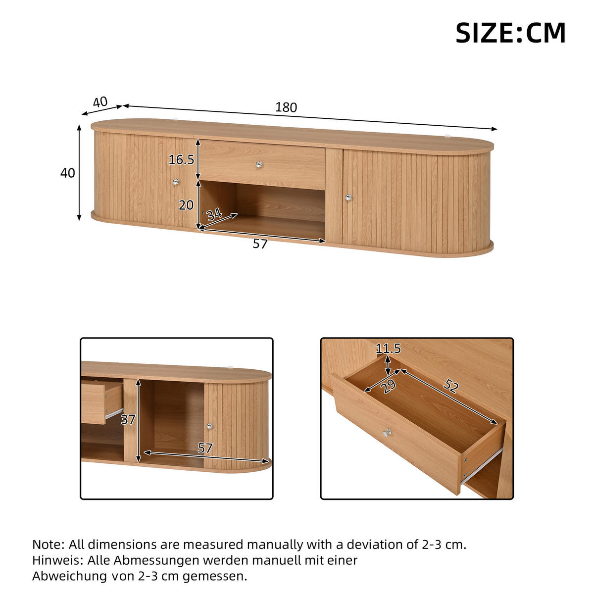 TV-SCHRANK 180x40x40cm Holzfarbe mit 2 Rollo-Türen - Naturfarben, Holzwerkstoff (180/40/40cm) - FLIEKS