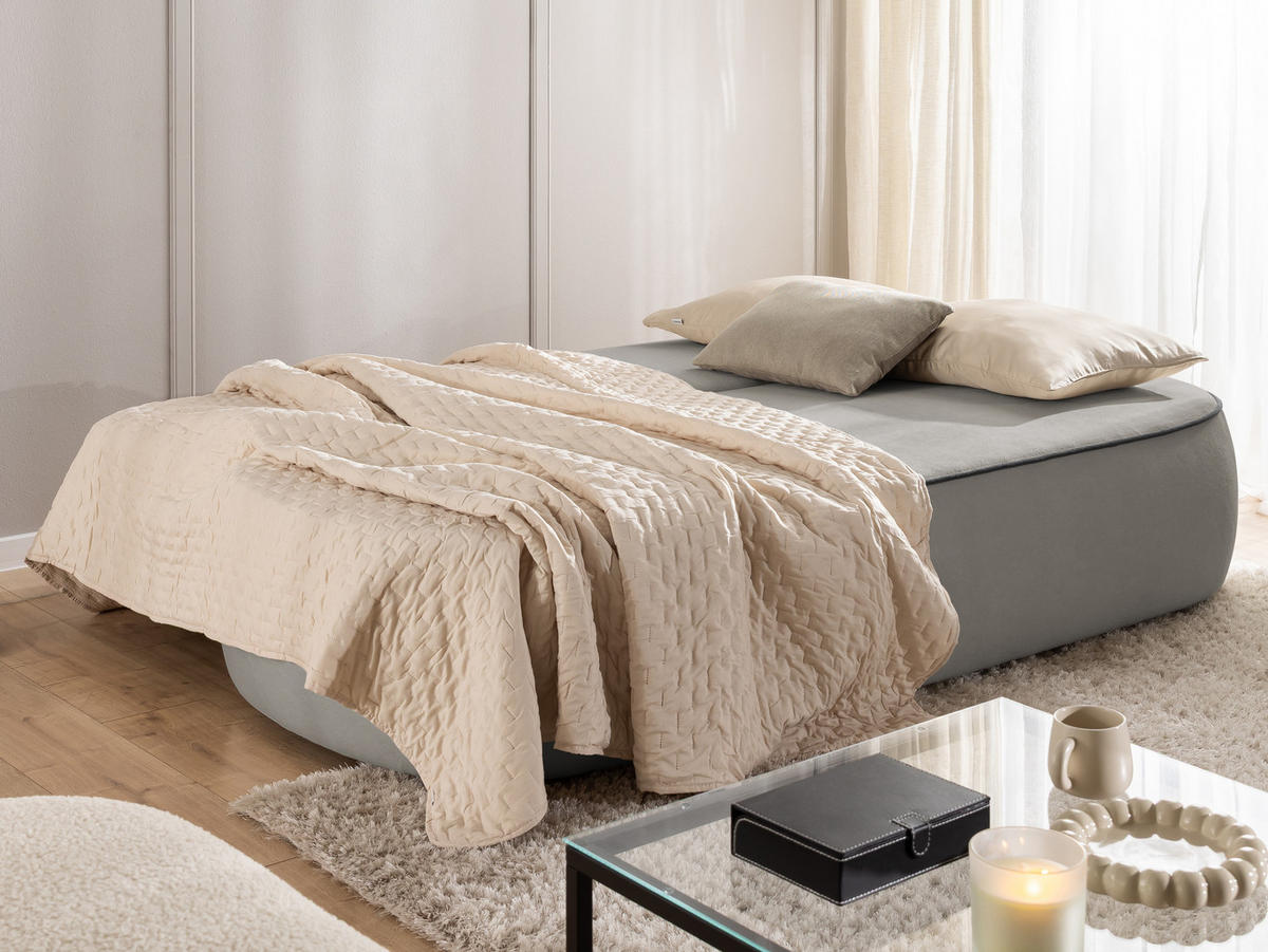 KINDERSOFA Vero im modernen und abgerundeten Design mit Schlaffunktion und Bettkasten aus Grau Plüschstoff mit schwarzer Paspel - Schwarz/Grau, Holz/Kunststoff (210/90/98cm) - S-Style Möbel