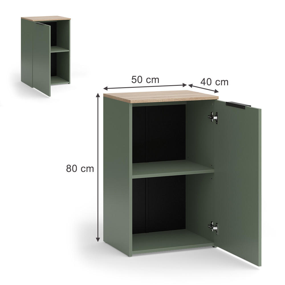 KOMMODE Wido Grün 50 x 80 cm mit Regal - Grün/Sonoma Eiche, Holzwerkstoff (50/80/40cm) - Vicco