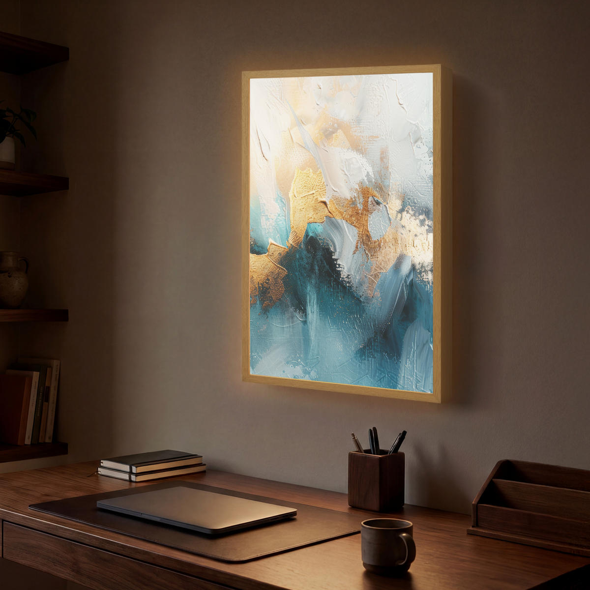 NÁSTĚNNÁ LAMPA S AKUMULÁTOREM Abstraktní - umění - zlatá - modrá 40x60 cm - tyrkysová, kompozitní dřevo (40/60/8cm) - OnlyWow