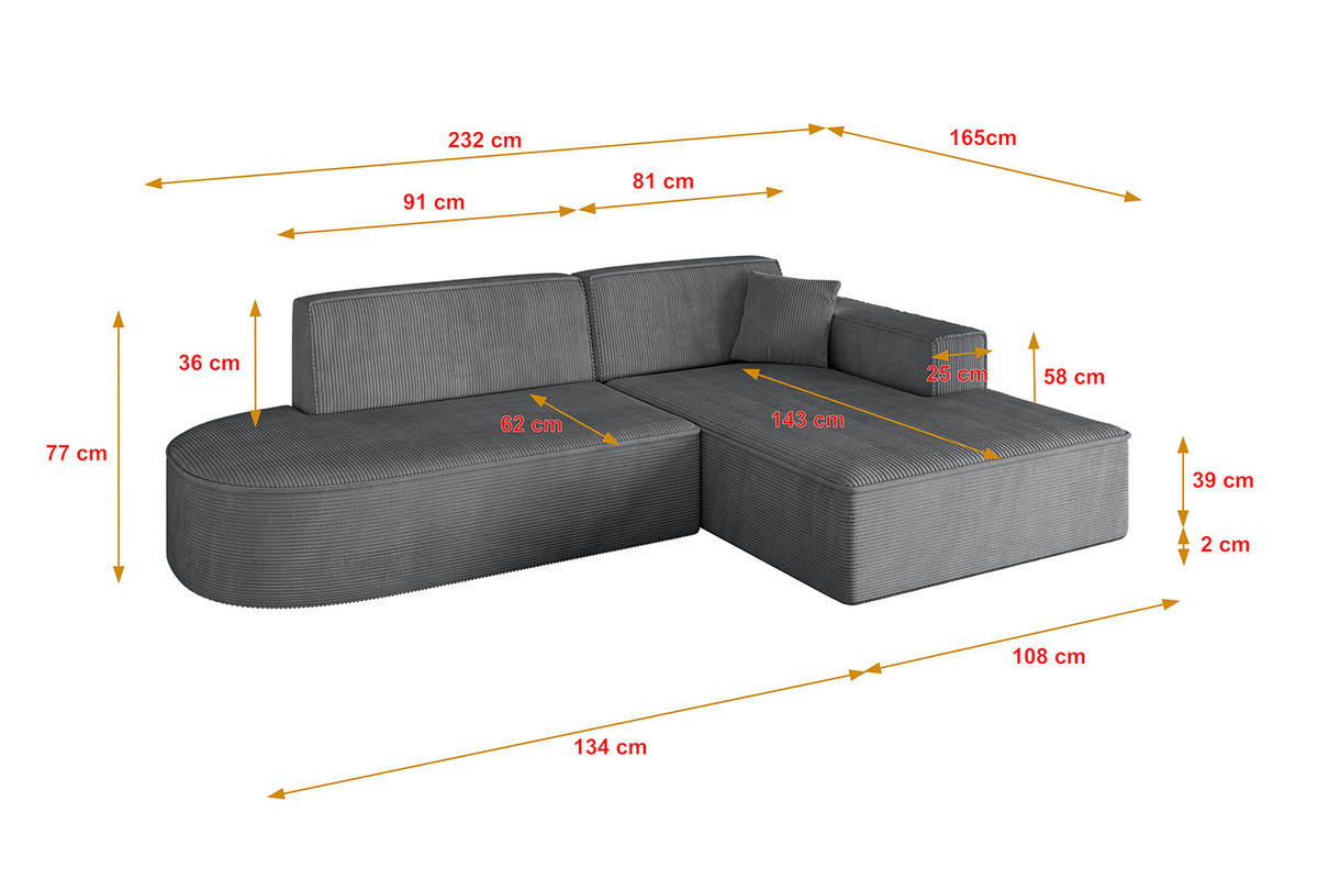 ECKSOFA Ottomane Rechts IREA-L1-v4 - 232x165x77 cm Duneklgrau - Dunkelgrau, Holzwerkstoff/Textil (232/165cm) - ALTDECOR