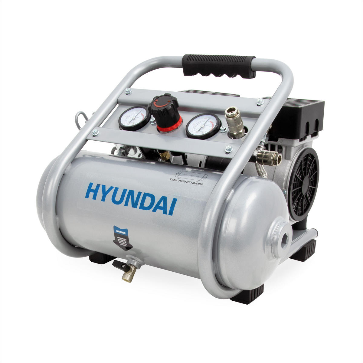 SILENT Kompressor SAC75008IC (9 bar, 8L, tragbar, ÖLFREI, 49 dB, 750 W / 1 PS) - Silberfarben, Metall (41/41/36cm) - HYUNDAI