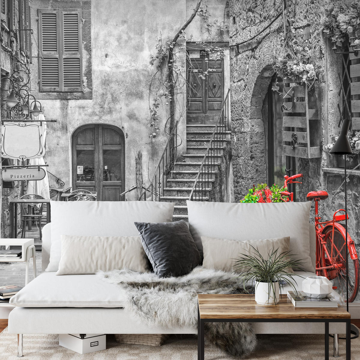 FOTOTAPETE für Wohnzimmer Italienische Gasse Rotes Fahrrad Toskana 150x105 - Rot/Schwarz, Papier (150/105cm) - Muralo