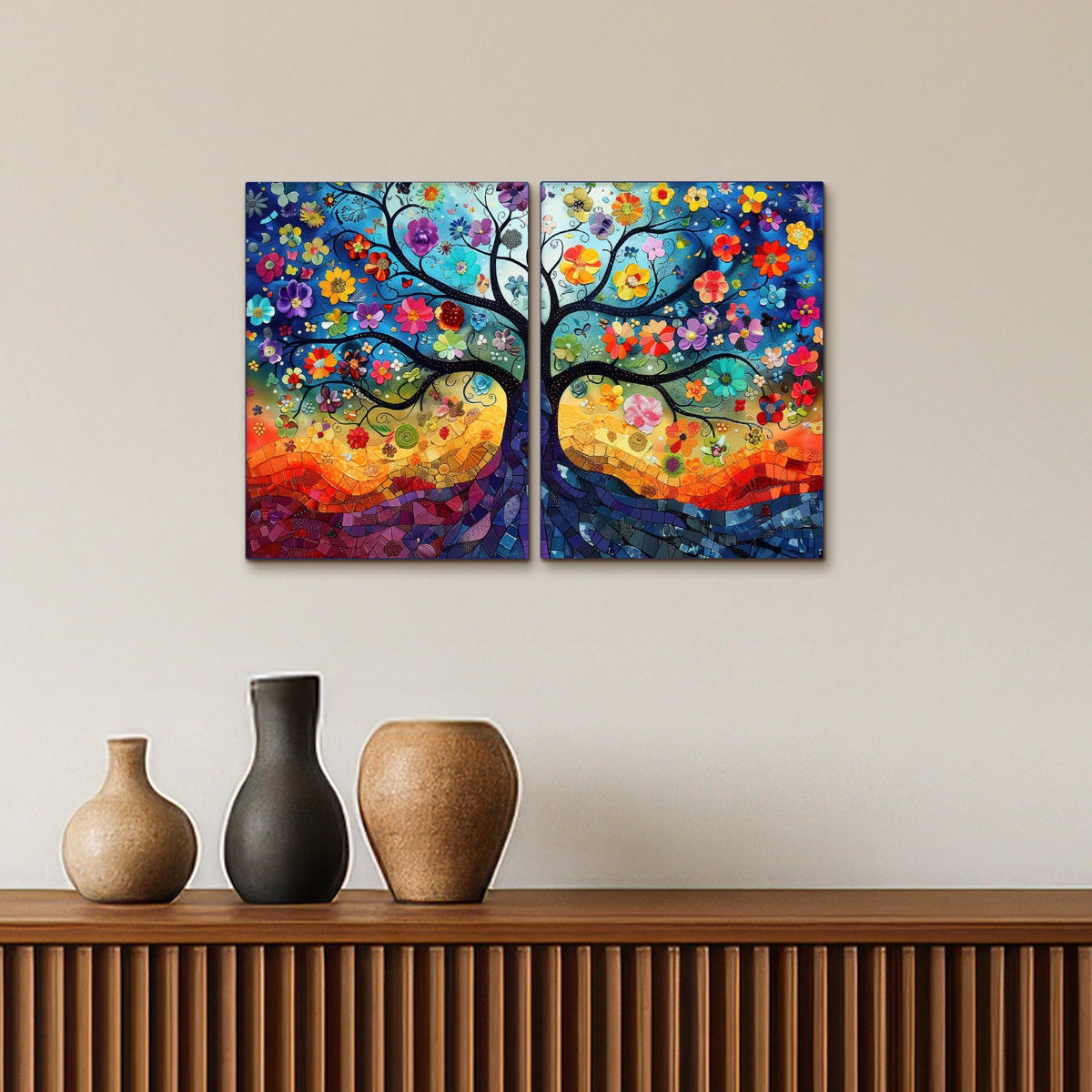 LEINWANDBILD 2er Set Bunt - Baum des Lebens - Blumen - Abstrakt 60x40 cm - Blau, Textil (60/40cm) - MuchoWow
