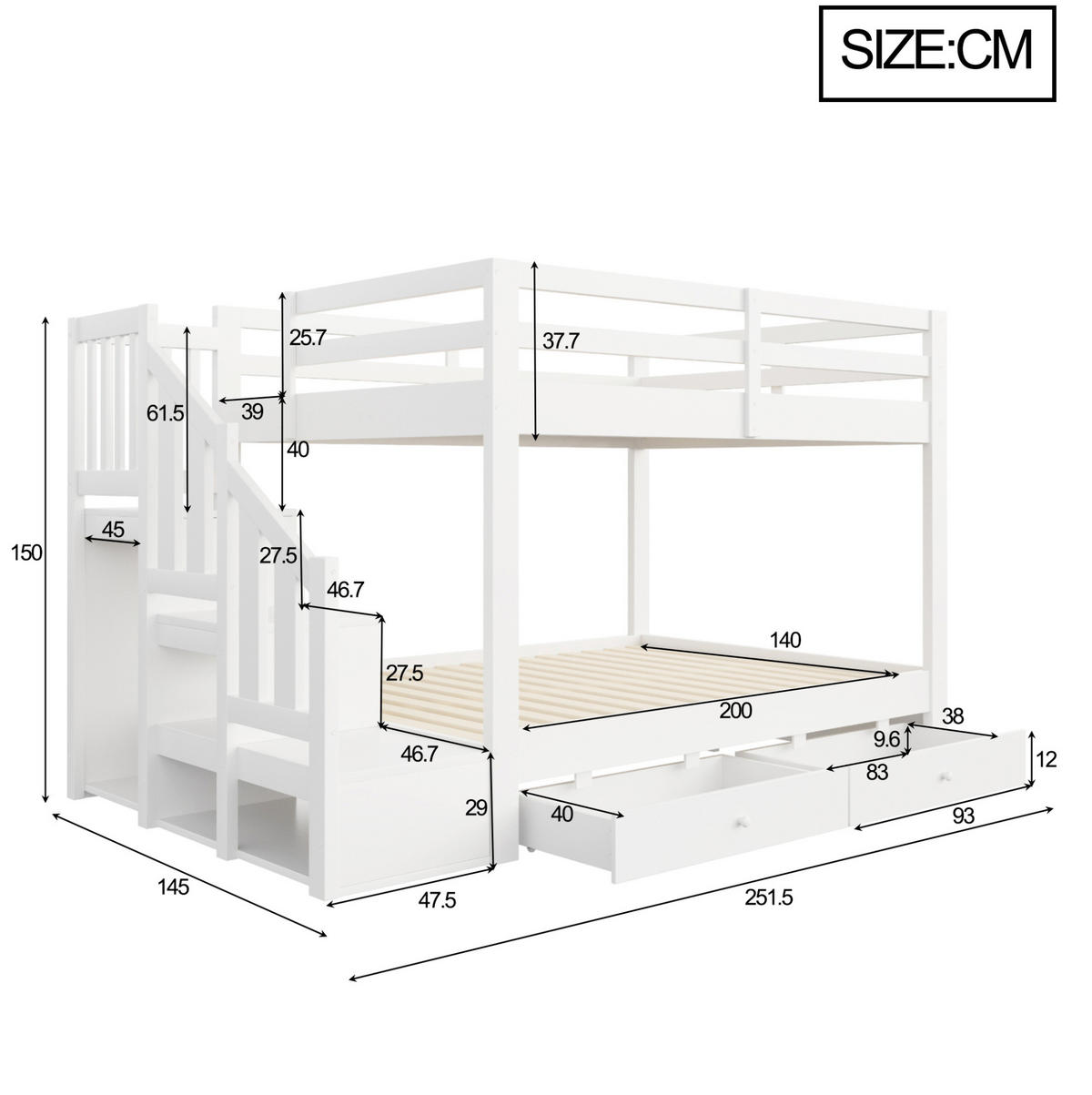 ETAGENBETT 140x200 cm Weiß mit Stauraumtreppe, Kleiderhaken und 2 Schubladen - Weiß, Holz (140/200cm) - Modfu