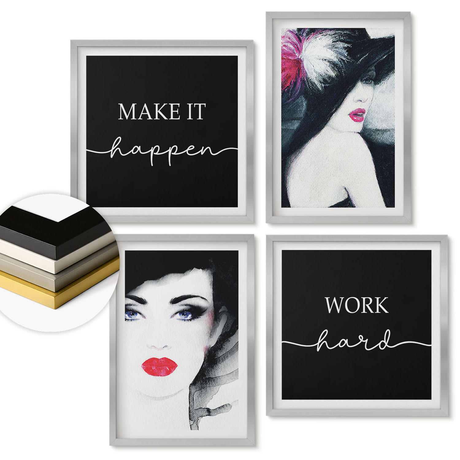 WANDBILDER 4er Set - 50x50 cm & 40x60 cm Silberner Rahmen - Porträts von Frauen mit Lippen - Silberfarben, Kunststoff (50/50cm) - ArtPrintCave