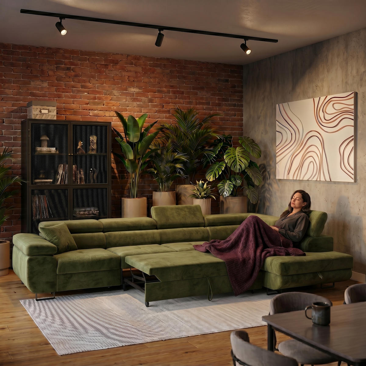 ECKSOFA WILD MAXI L Rechts mit Schlaffunktion 125x195 Velours Hellgrün - Chromfarben/Hellgrün, Holz/Textil (203/350cm) - Muffo