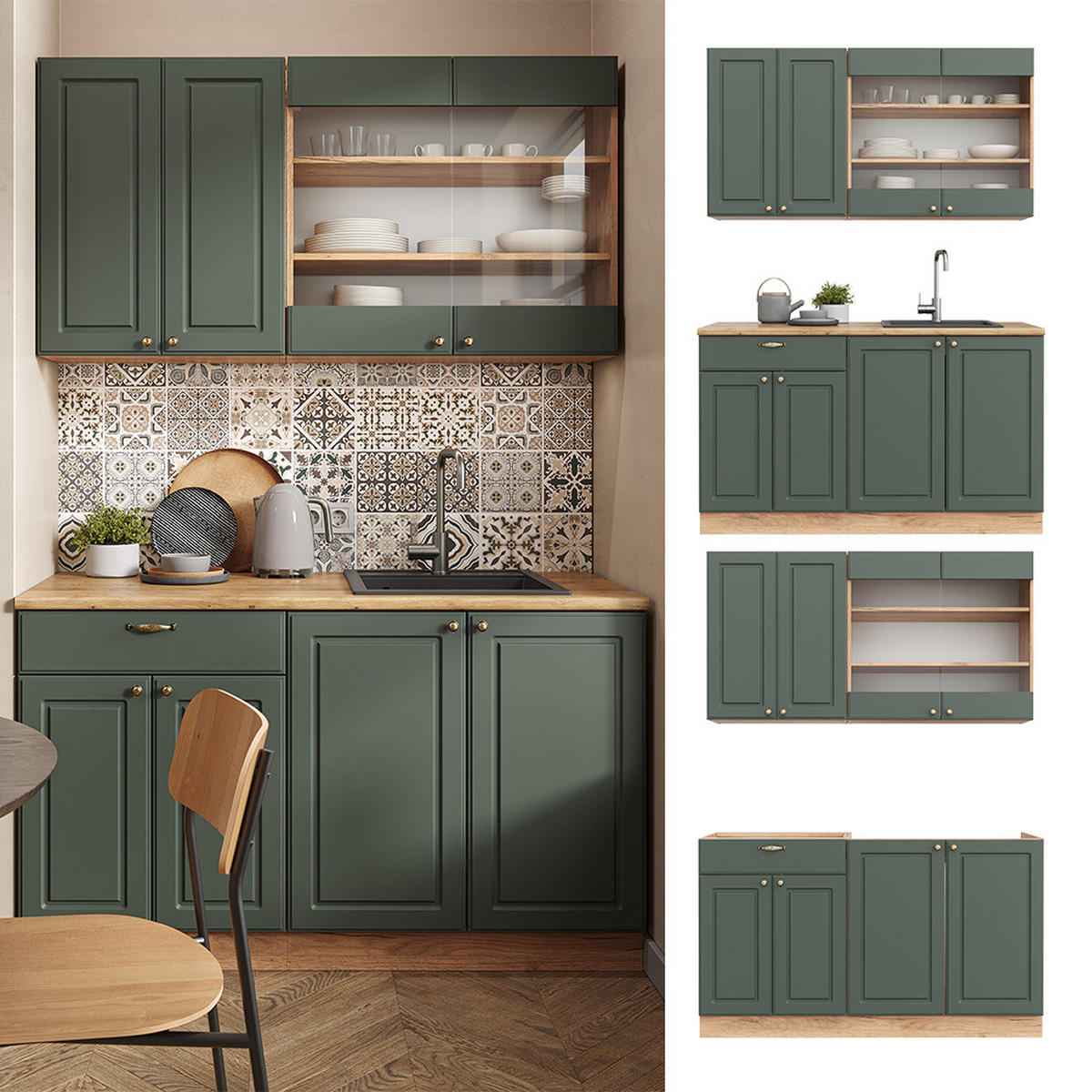 SINGLEKÜCHE Fame-Line Grün-Gold Landhaus/Goldkraft Eiche 140 cm AP Eiche - Honigeiche/Grün, Holzwerkstoff (140/81.6/60cm) - Vicco