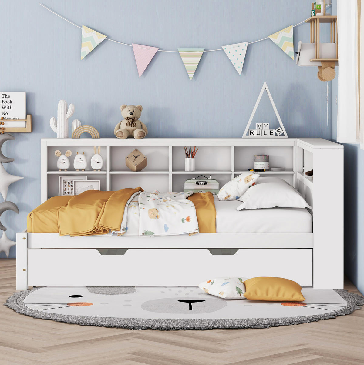 HOLZBETT 140/200 cm in Weiß mit Ausziehbett und USB-Anschluss - Weiß, Holz (140/200cm) - BEAOK