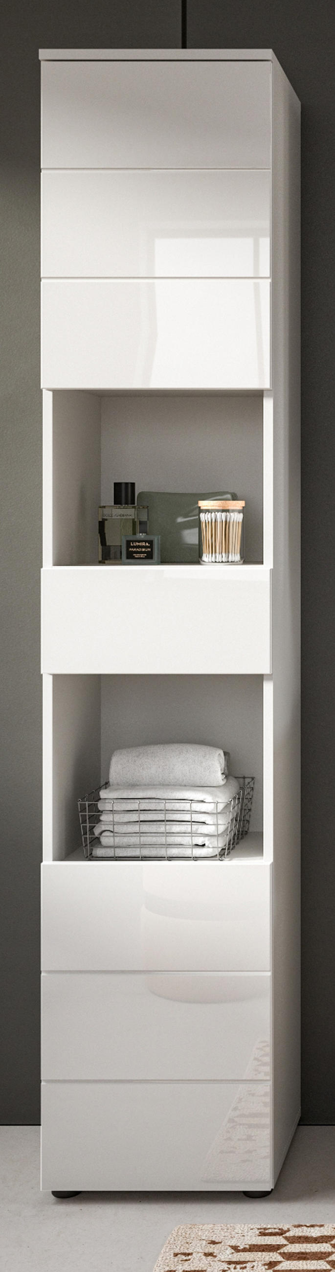 BADSCHRANK weiß Hochglanz 38 x 190 cm, Hochschrank mit viel Stauraum - Weiß Hochglanz/Schwarz, Holzwerkstoff/Kunststoff (38/190/34cm) - Inn.Furn