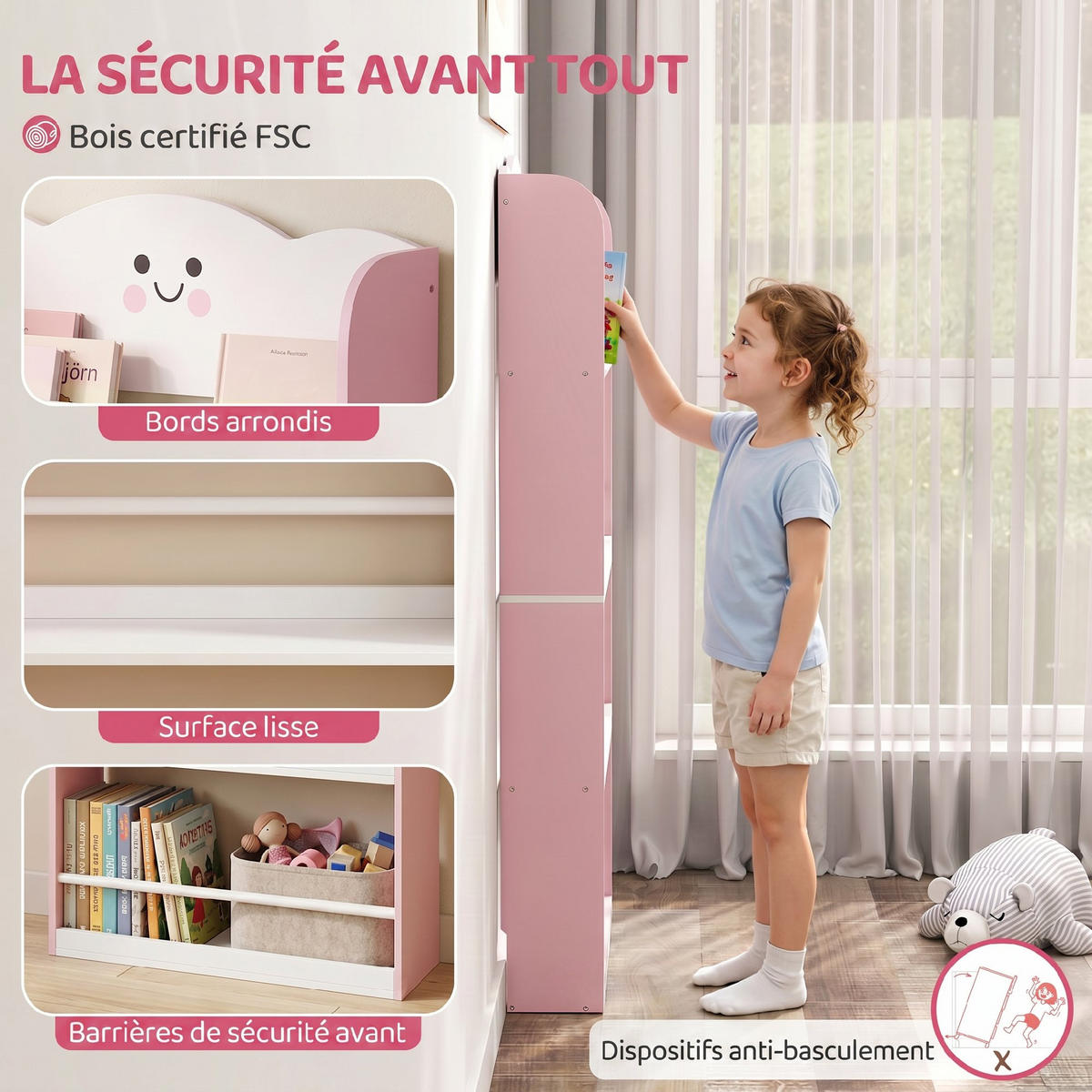 KINDERBÜCHERREGAL Rosa 60/15/120,5 cm - Pink, Holzwerkstoff (60/120.5/15cm) - PANGIVO