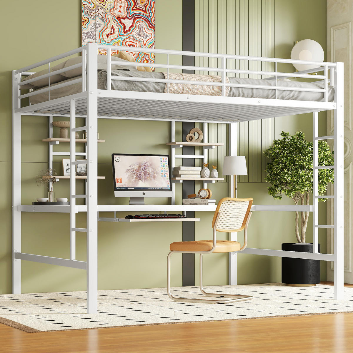 HOCHBETT 140/200 cm weiß aus Metall mit Schreibtisch und 2 Regalen - Weiß, Metall (140/200cm) - OKWISH