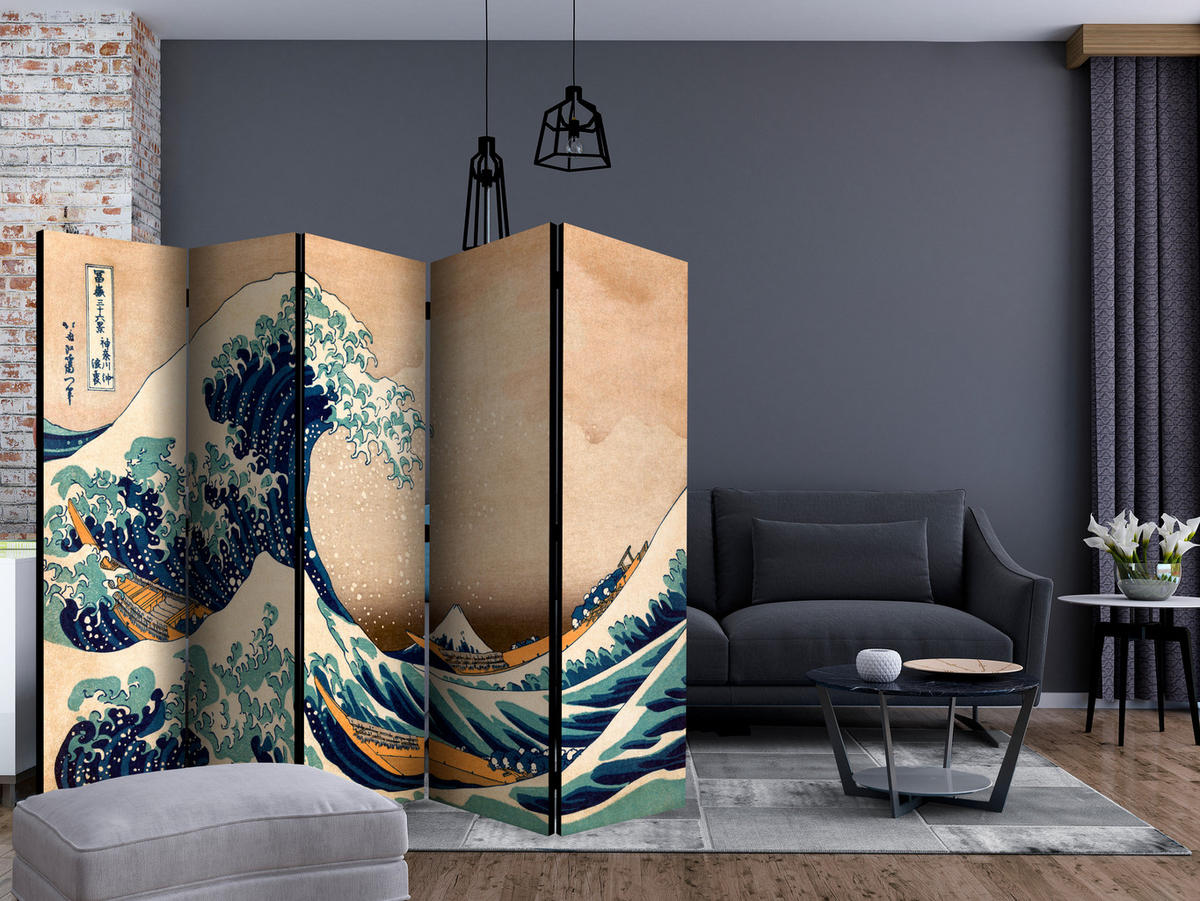 PARAVÁN Jednostranný 5-Dielny 225x172 cm Morské Vlny - viacfarebná, drevo/textil (225/172/3cm) - Muralo