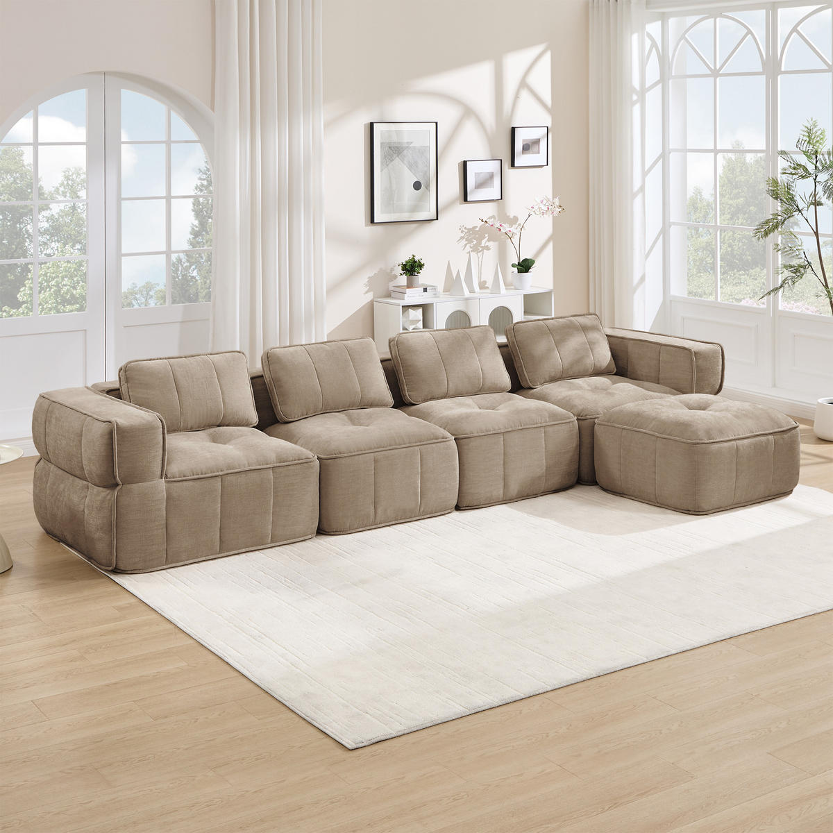 CANAPEA 4 LOCURI cu taburet, minimalist, Poliester-nisipiu - nisipiu, material textil (162/67/344cm) - KOMHTOM