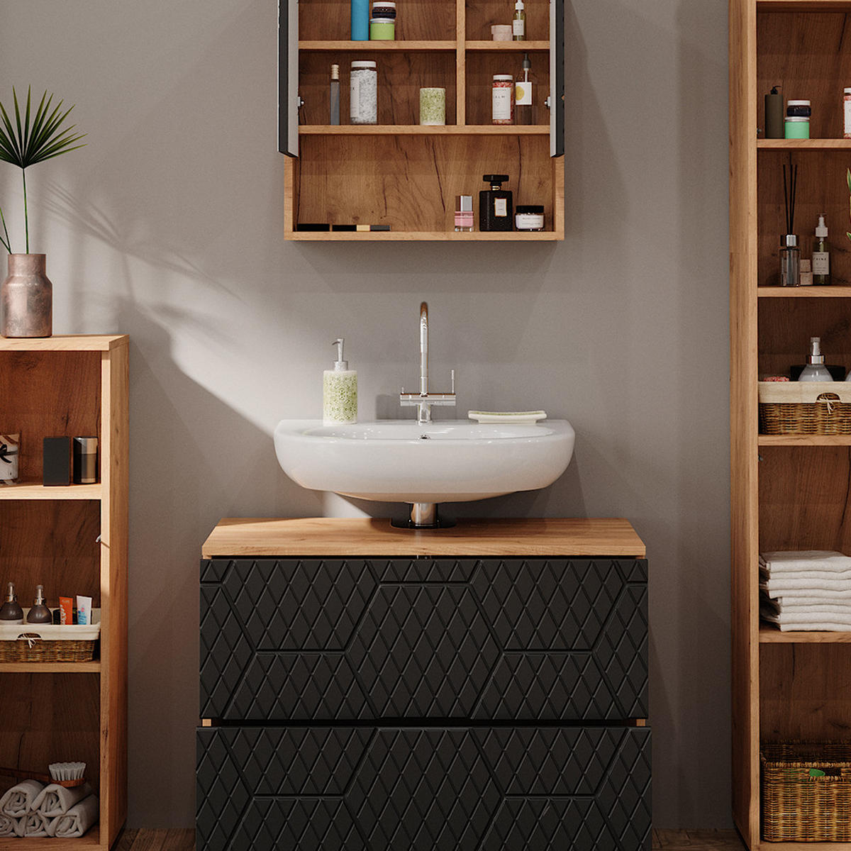 BADMÖBEL-SET Irma Anthrazit gestreift 4 Teile - Honigeiche/Anthrazit, Holzwerkstoff (80/58/41cm) - Vicco
