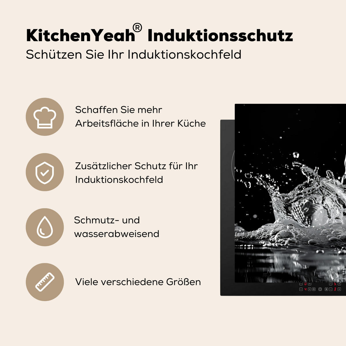 HERDABDECKPLATTE Wasser - Spritzwasser - Schwarz Herdabdeckung Induktionsfeld 65x52 cm - Schwarz, Kunststoff (65/52/0.2cm) - MuchoWow