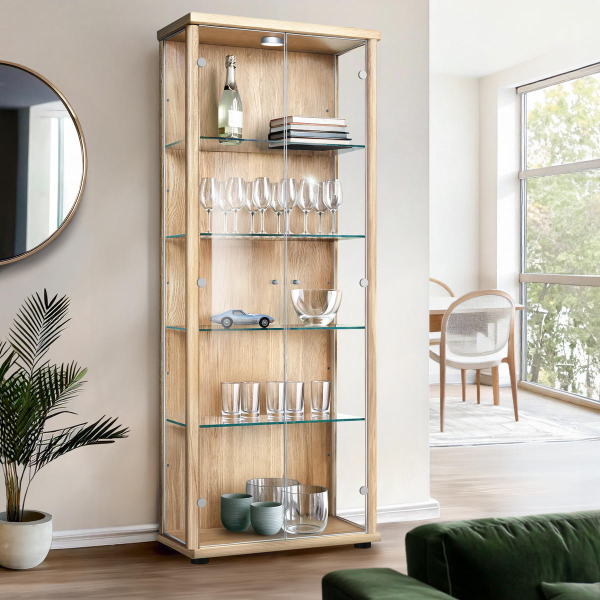GLASVITRINE 33/67/176 cm mit LED & 4 höhenverstellbaren Glasböden - Transparent/Silberfarben, Glas/Holzwerkstoff (67/176/33cm) - K-Möbel