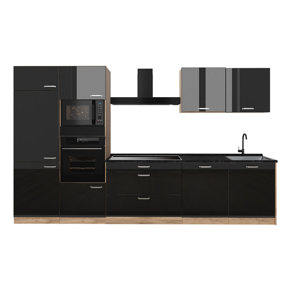 Vicco Küchenzeile Schwarz Hochglanz, Eiche 340x206.8x60 cm