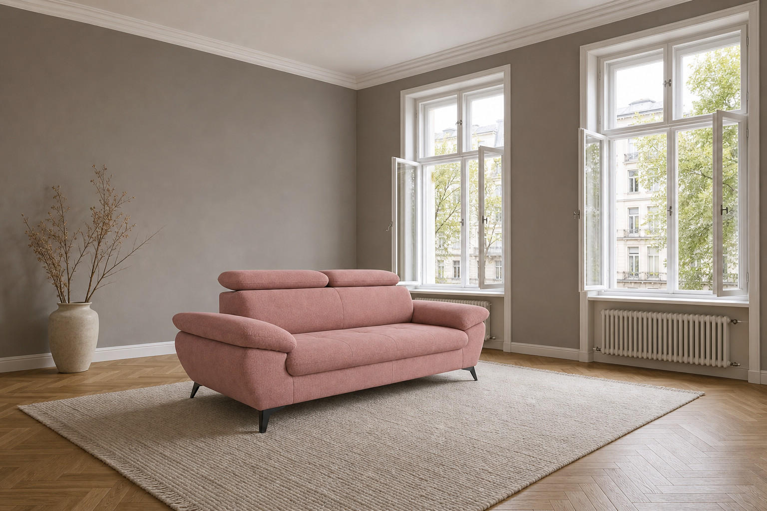 3-SITZER Karlstad Chenille Rosa verstell. Kopfstützen B 215 cm - Altrosa, Kunststoff/Textil (215/84/100cm) - foamnova