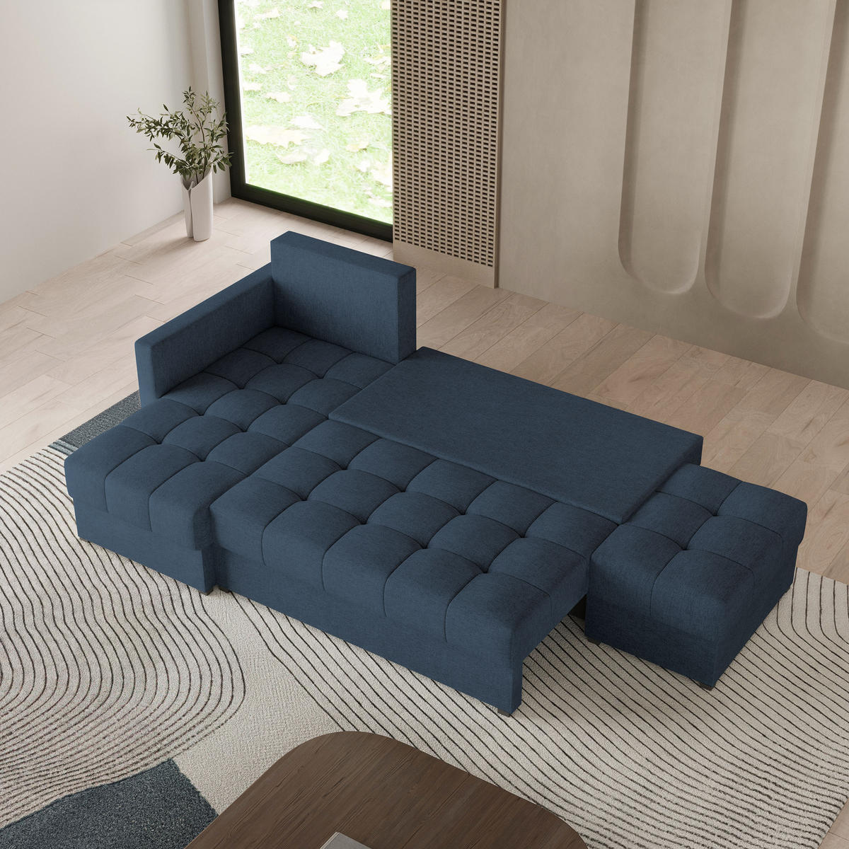 ECKSOFA LUMARI L-S Blau Plüsch-Stoff mit Schlaffunktion - Blau, Holz (262/143cm) - MASSENO
