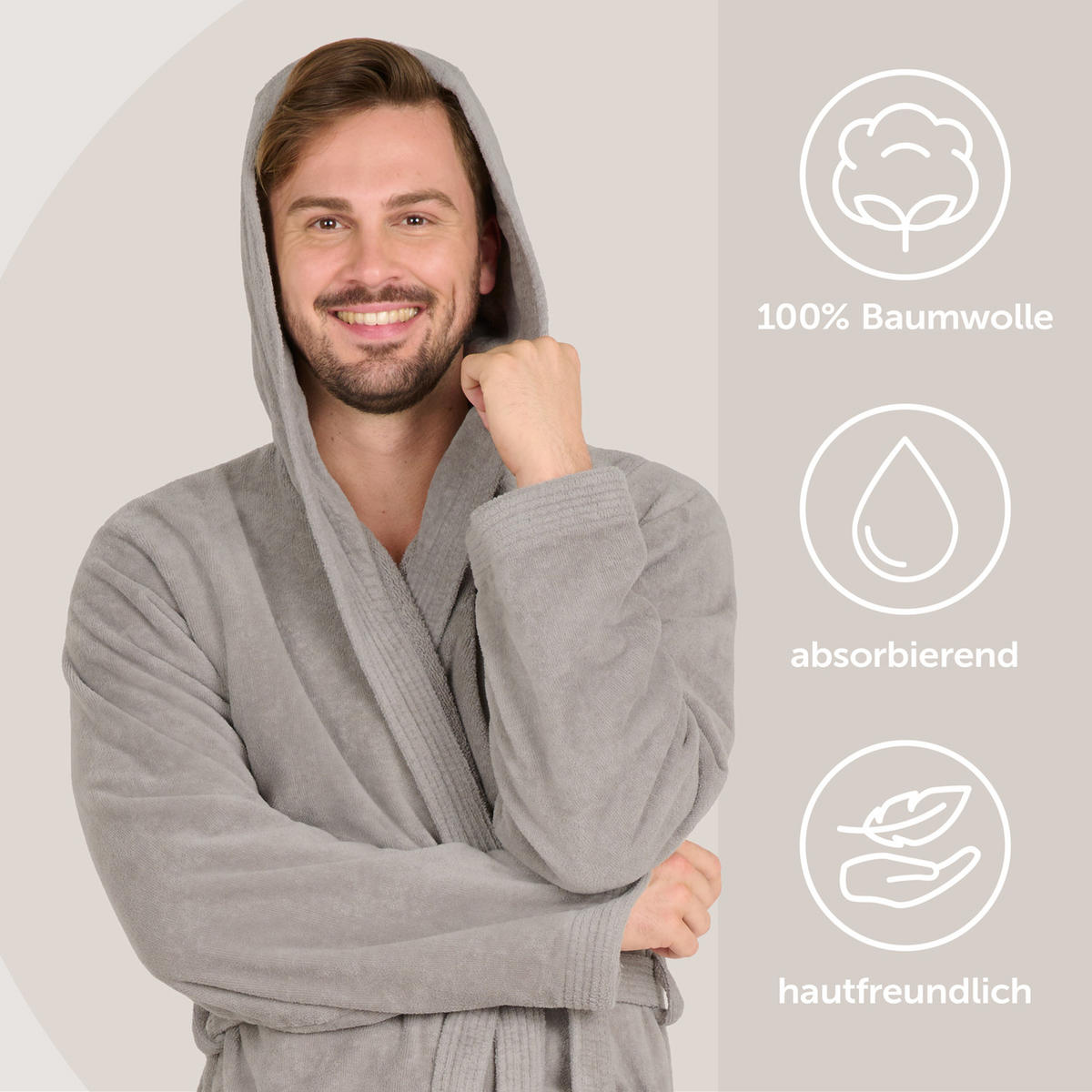 BADENMANTEL Herren L - mit gefütterter Kapuze aus 100% Baumwolle, Grau - Grau, Textil (Lnull) - Blumtal