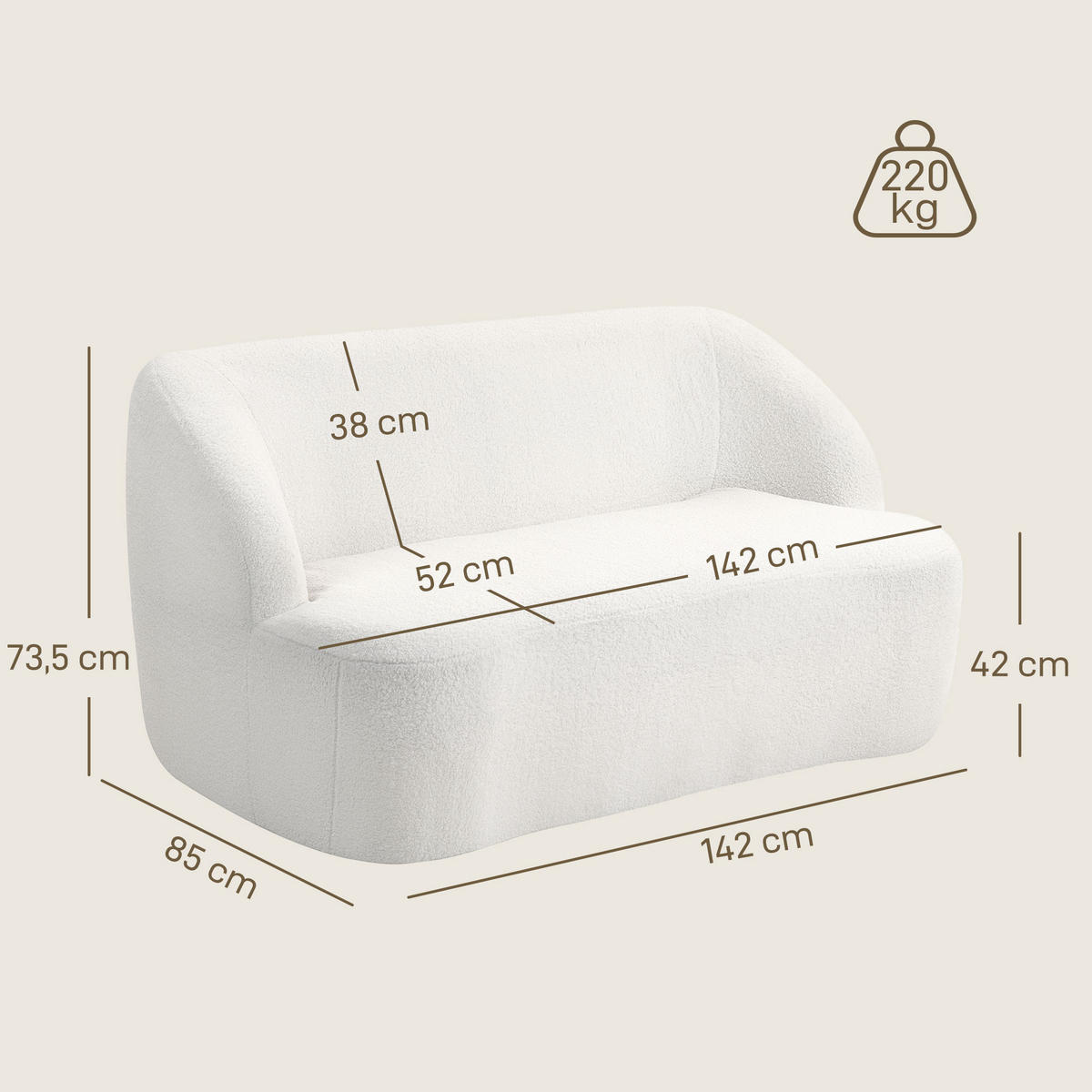 SOFA 2-Sitze 142L x 85B x 73,5H cm Cremeweiß - Weiß, Kunststoff (85/73.5/142cm) - HOMCOM