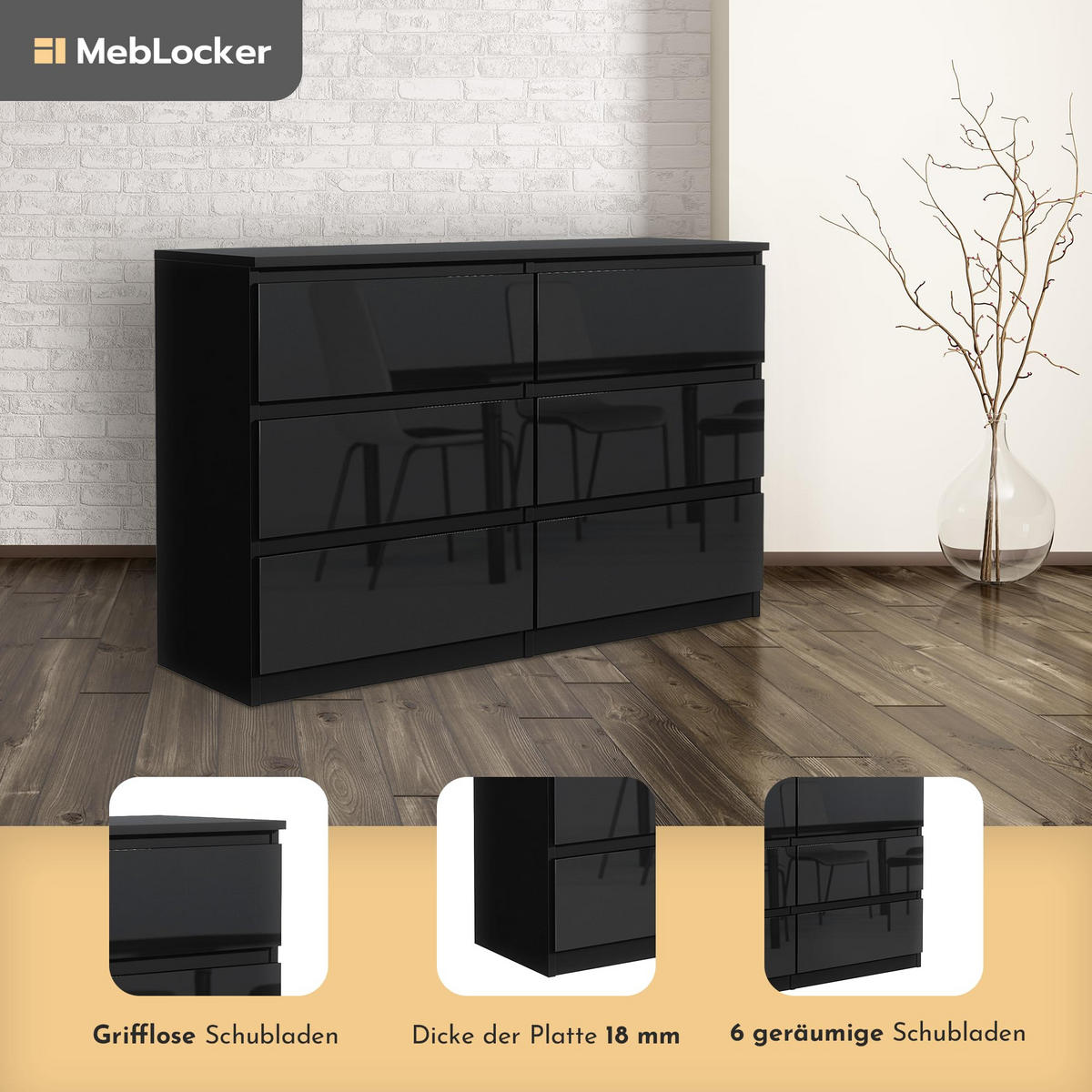 KOMMODE mit Schubladen Schwarz mit HochglanzFronte 138,6 x 78,5 x 39 cm - Schwarz Hochglanz, Holzwerkstoff (138.6/78.5/39cm) - MebLocker