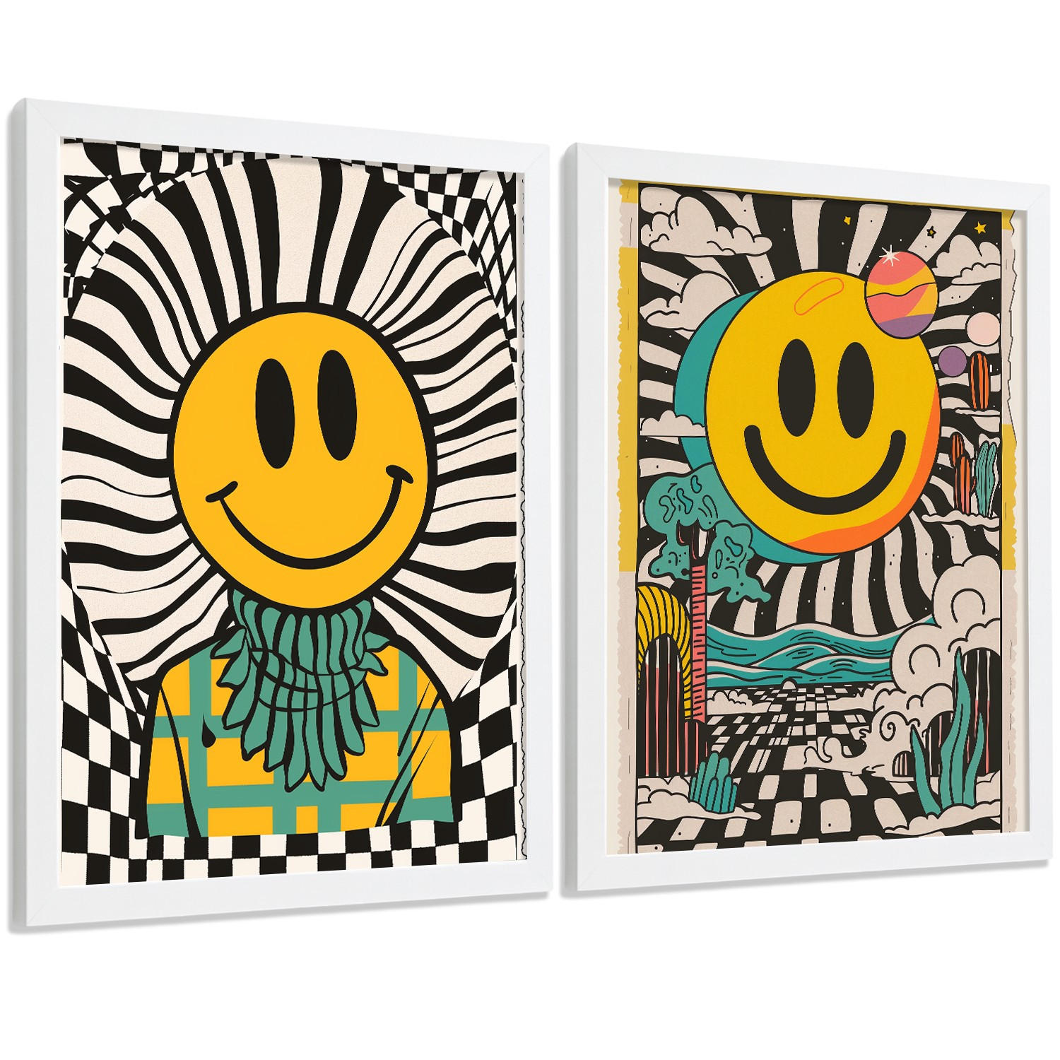 POSTER 4er Kunstdruck-Set Wandbilder Smiley Emoji modern Wohnzimmer Deko, Schlafzimmer, Küche, Badezimmer Weißer Rahmen A4 - Weiß, Papier (29.7/1/21cm) - Nacnic