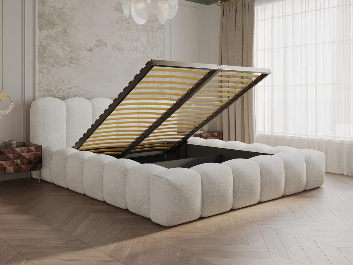 POLSTERBETT Milia 2 Off-White 180/200 cm Boucle mit Bettkasten - Weiß, Textil/Metall (180/200cm) - wonello