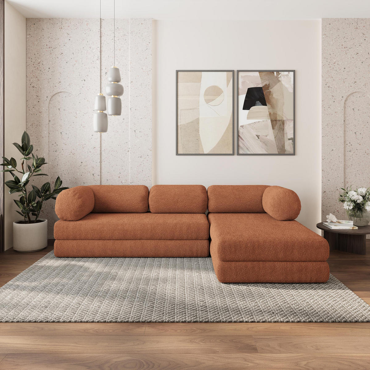 ROHOVÁ SEDAČKA KELI modulární Boneless pohovka s funkcí spaní, měděná QUELLE 54 - pomerančová, textil (270/160cm) - MASSENO