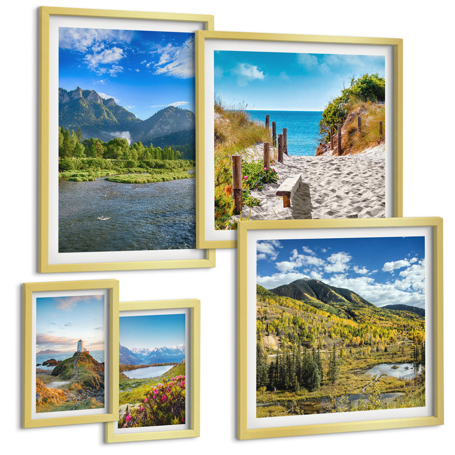BILDER SET 5er Set - 50x50 cm & 20x30 cm & 40x60 cm Goldrahmen - See, Brücken, Berge - Goldfarben, Kunststoff (40/60cm) - TULUP