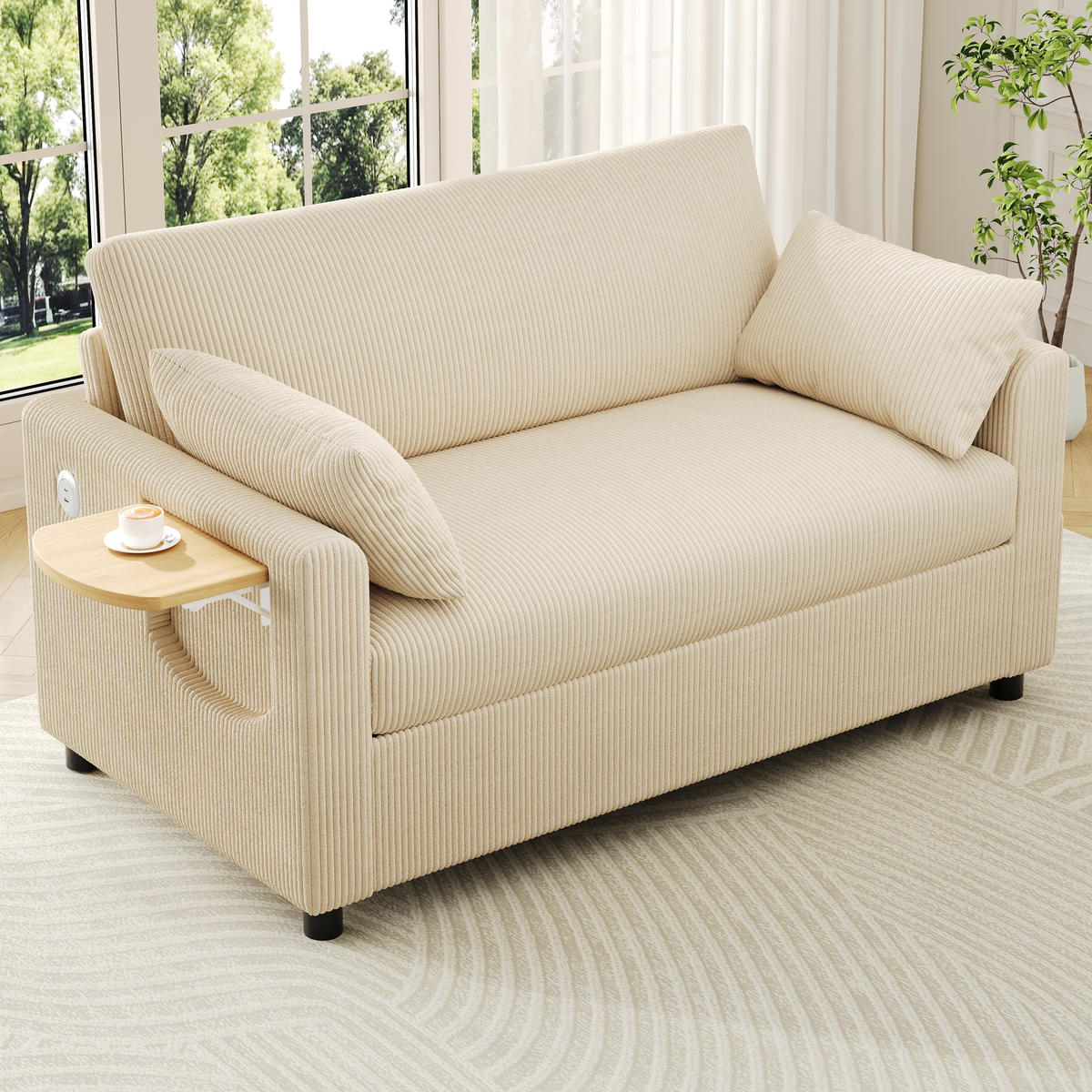 SCHLAFSOFA 134/82/84 cm Beige mit USB‑Ladeanschluss, klappbarem Seitentisch, Matratze, 2 Bettlaken und 2 Kissen - Beige, Textil (134/84/82cm) - Oxeza