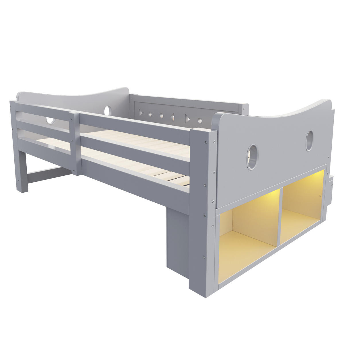 STAURAUMBETT 90/200 cm mit LED und 4 Schubladen, DE-41634, in Grau - Grau, Holzwerkstoff (90/200cm) - ComfortXL