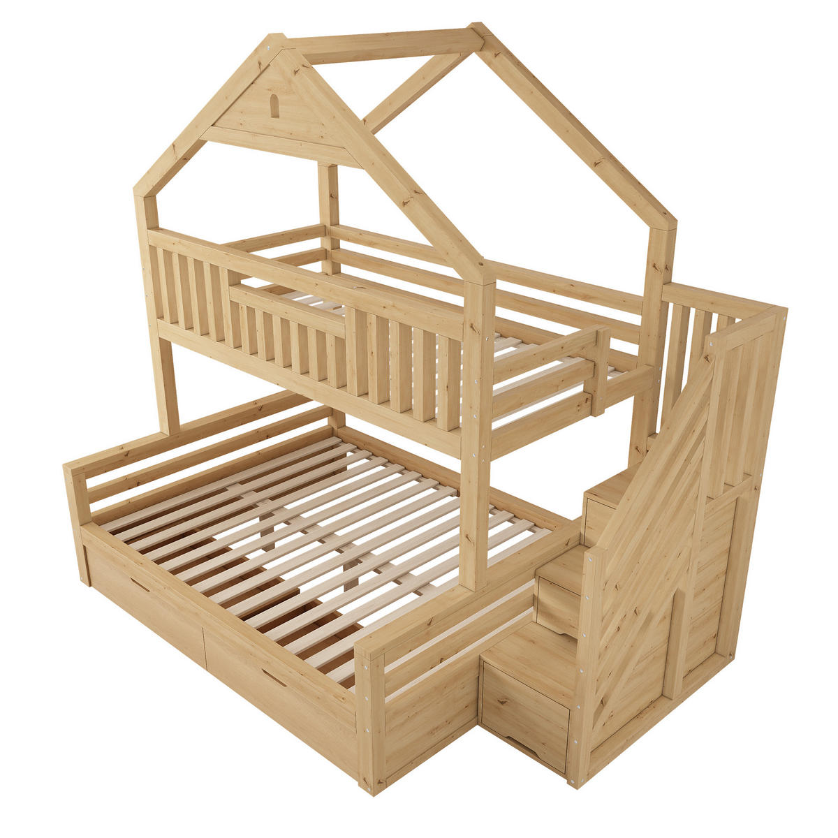 ETAGENBETT Holz 140x200 cm Eichefarben mit Treppenschrank, 2 Schubladen und Giebeldach - Eichefarben, Holz (140/200cm) - Modfu