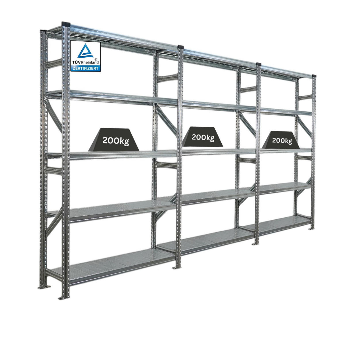 FACHBODENREGAL Proximo Stecksystem 200x360x32cm 5 Ebenen Fachlast 200 kg Beidseitig nutzbar Verzinkt - Silberfarben, Metall (360/200/32cm) - PROREGAL