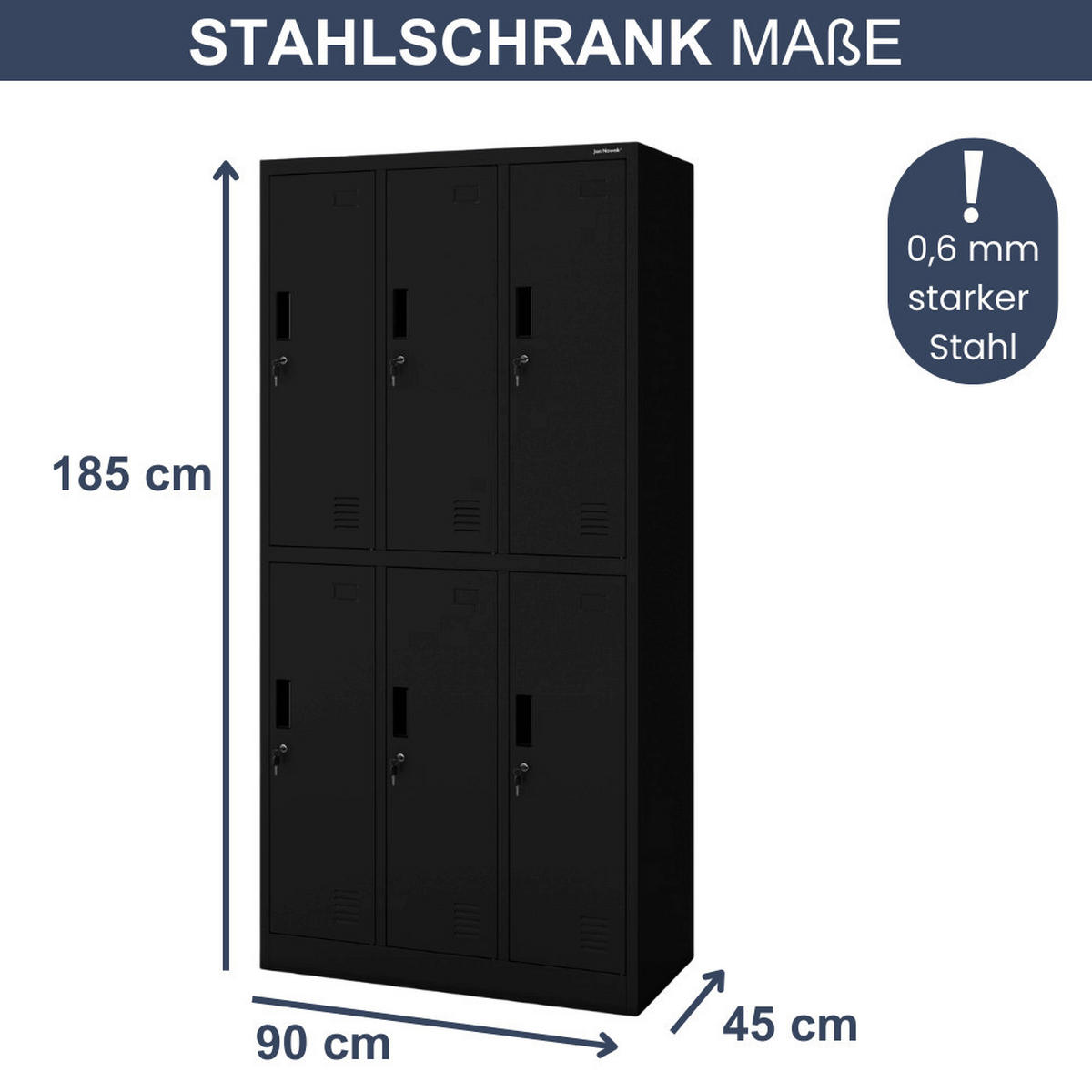 UMKLEIDESCHRANK Spind TOKIO 6 Abteile 185x90x45cm Schwarz - Schwarz, Metall (90/185/45cm) - DELUKE