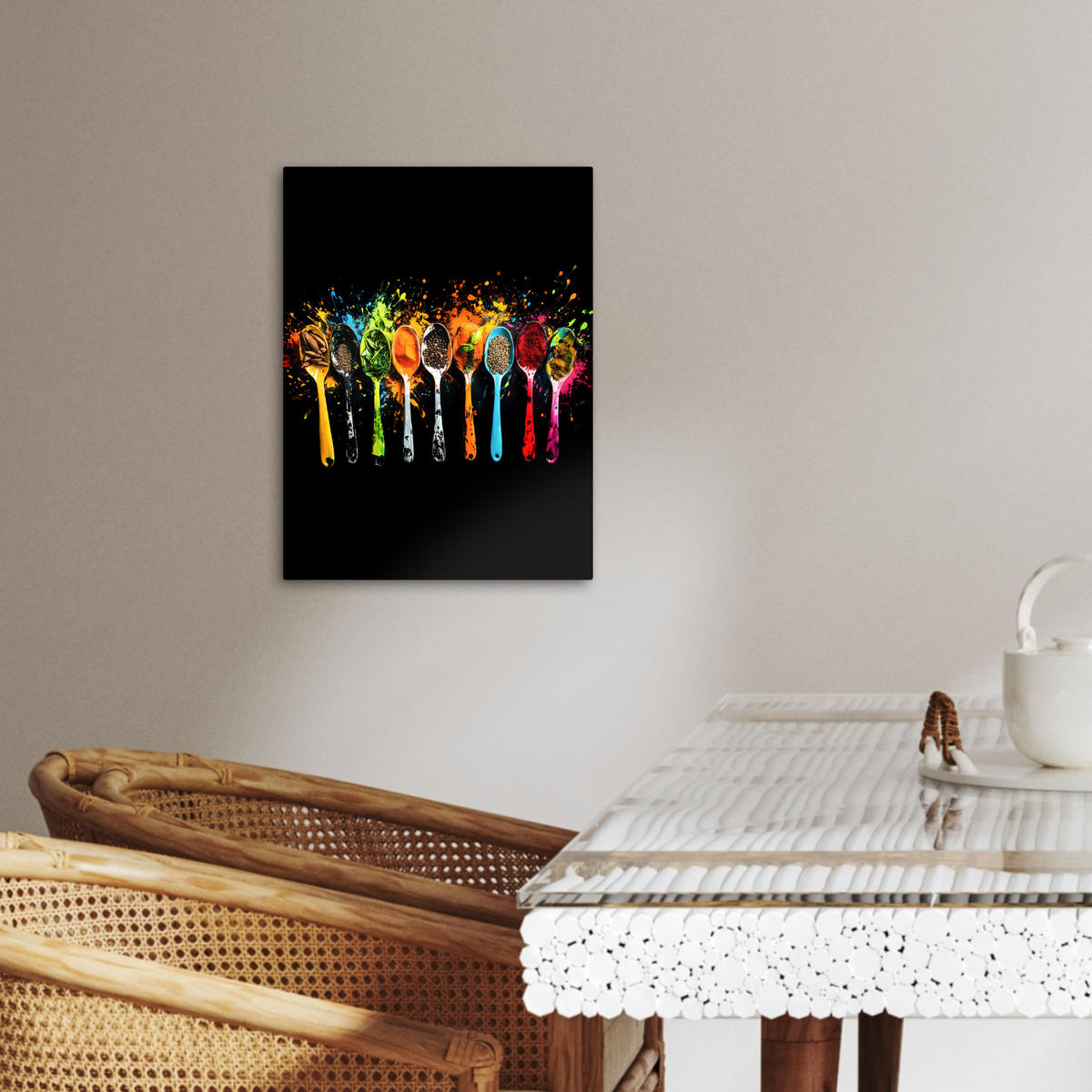 LEINWANDBILD Löffel - Gewürze - Modern - Graffiti - Farbe - Farbenfroh 30x40 cm - Multicolor, Textil (30/40cm) - MuchoWow