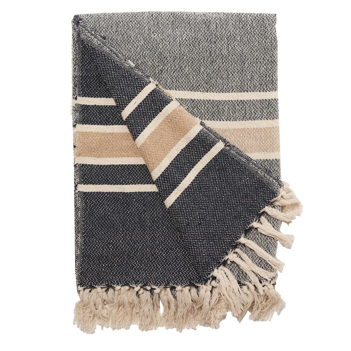DECKE Mila 130x180 cm, 100% Baumwolle, Natur-Navy-Beige - Dunkelblau, Textil (130/180cm) - Au Maison